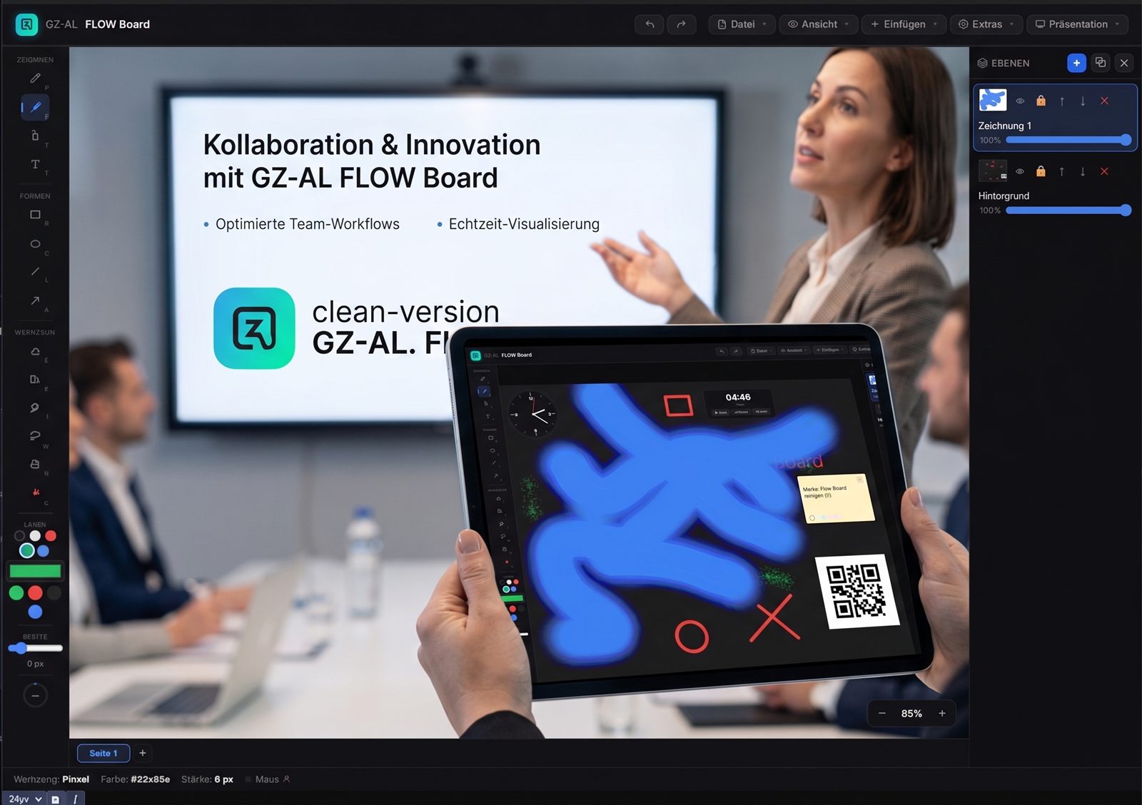 FLOW Board im praktischen Einsatz: Whiteboard-Präsentation auf einem Bildschirm, während parallel auf einem Tablet gezeichnet wird