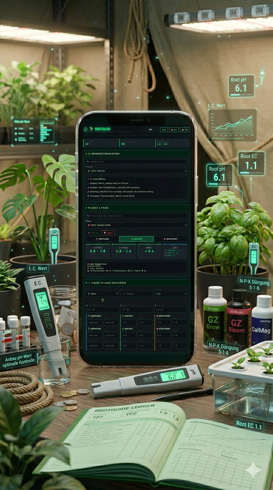 RootGuide-App auf einem Smartphone, umgeben von Pflanzen, pH-/EC-Messgeräten, Dünger-Flaschen und Grow-Tagebuch