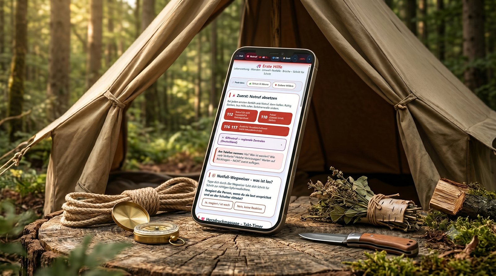GZ Survival Kompass auf einem Smartphone vor einem Wald-Shelter mit Kompass, Messer und Kraeuterbuendel
