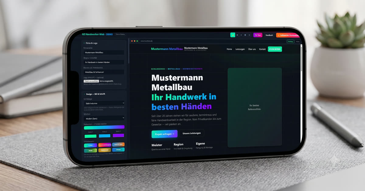 Beispiel einer mit GZ Handwerker-Web erstellten Website auf einem Smartphone — Konfigurator-Ansicht links, fertige Handwerker-Website rechts