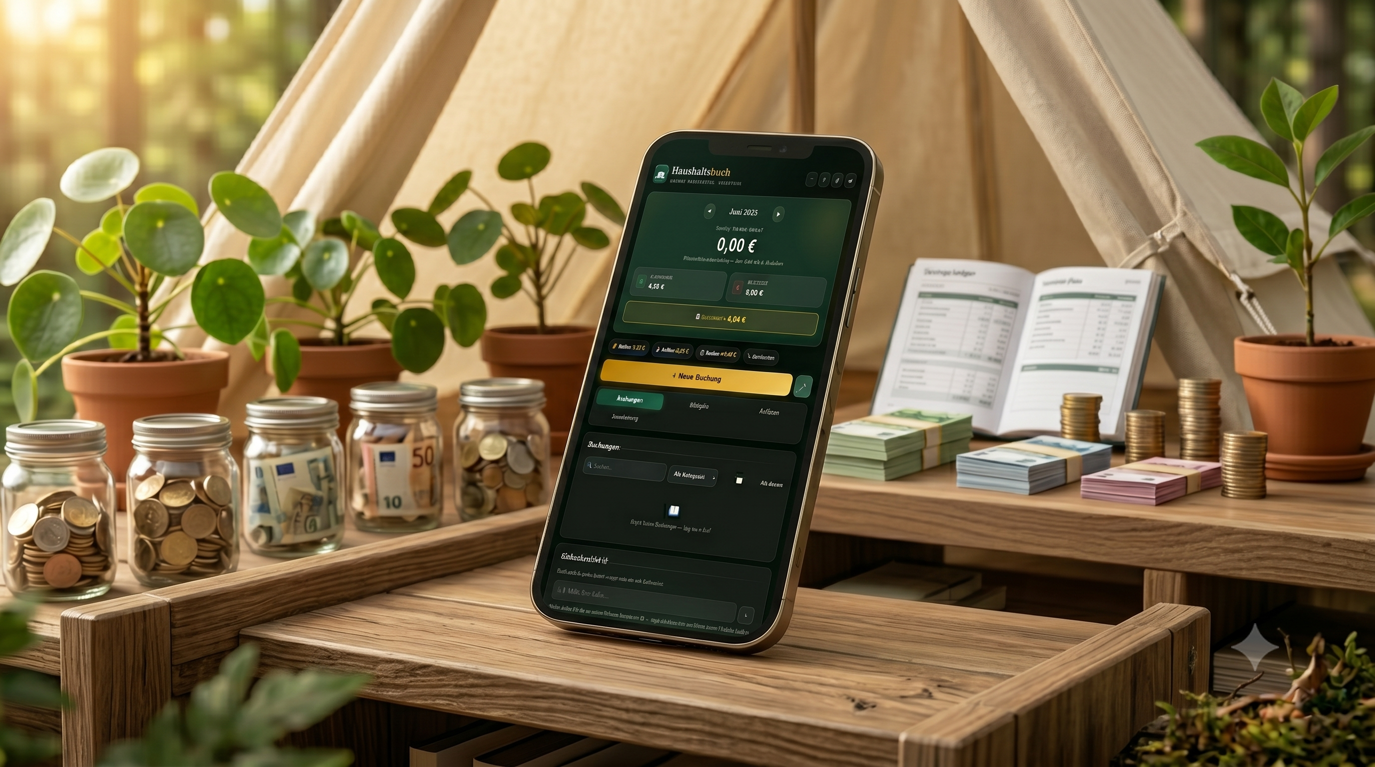 Smartphone zeigt die Haushaltsbuch-App auf einem Holztisch, daneben Spar-Gläser mit Münzen und Pflanzen — Sparen mit Stil.