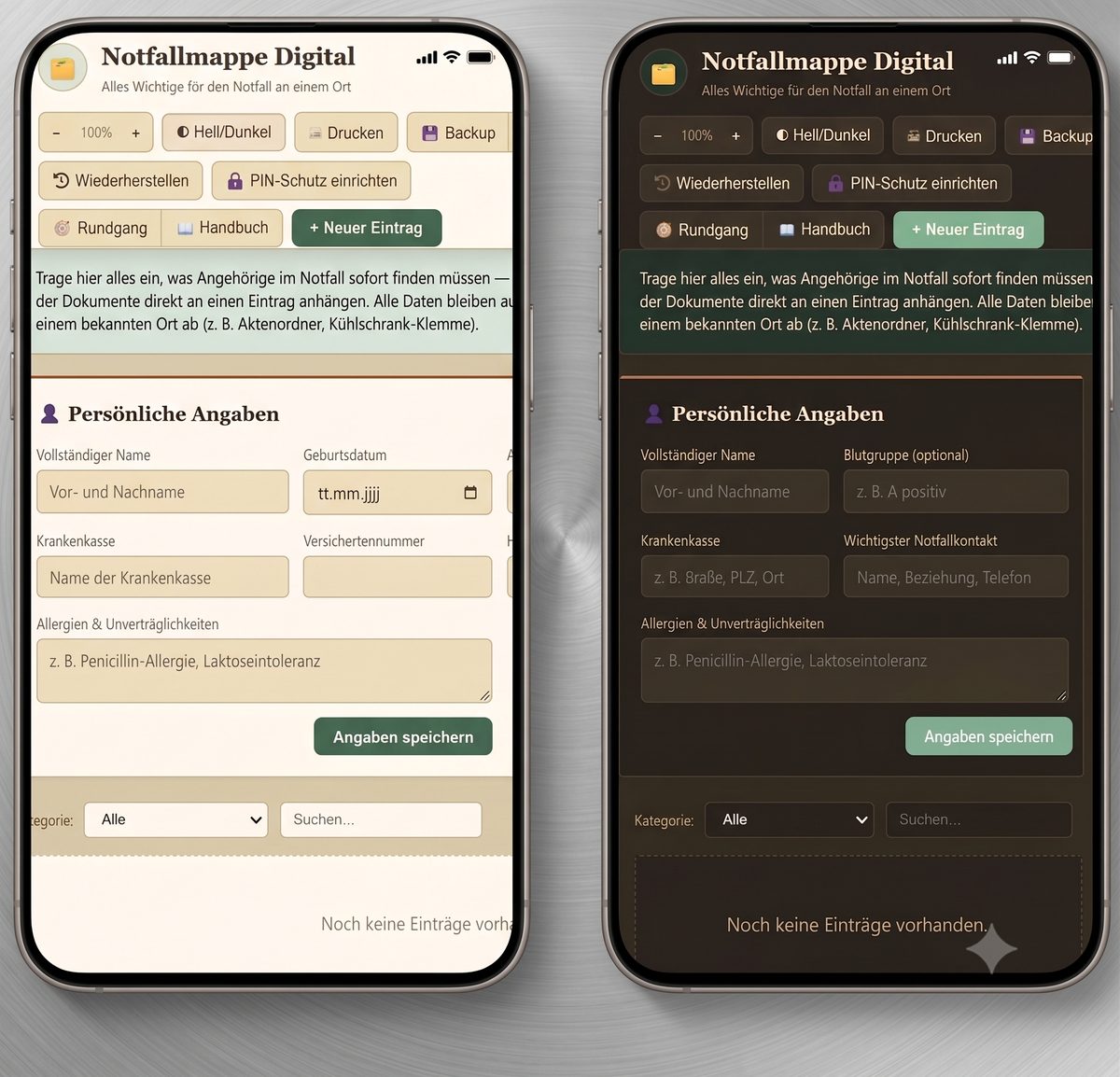 Notfallmappe Digital auf zwei Smartphones nebeneinander, links im hellen und rechts im dunklen Design