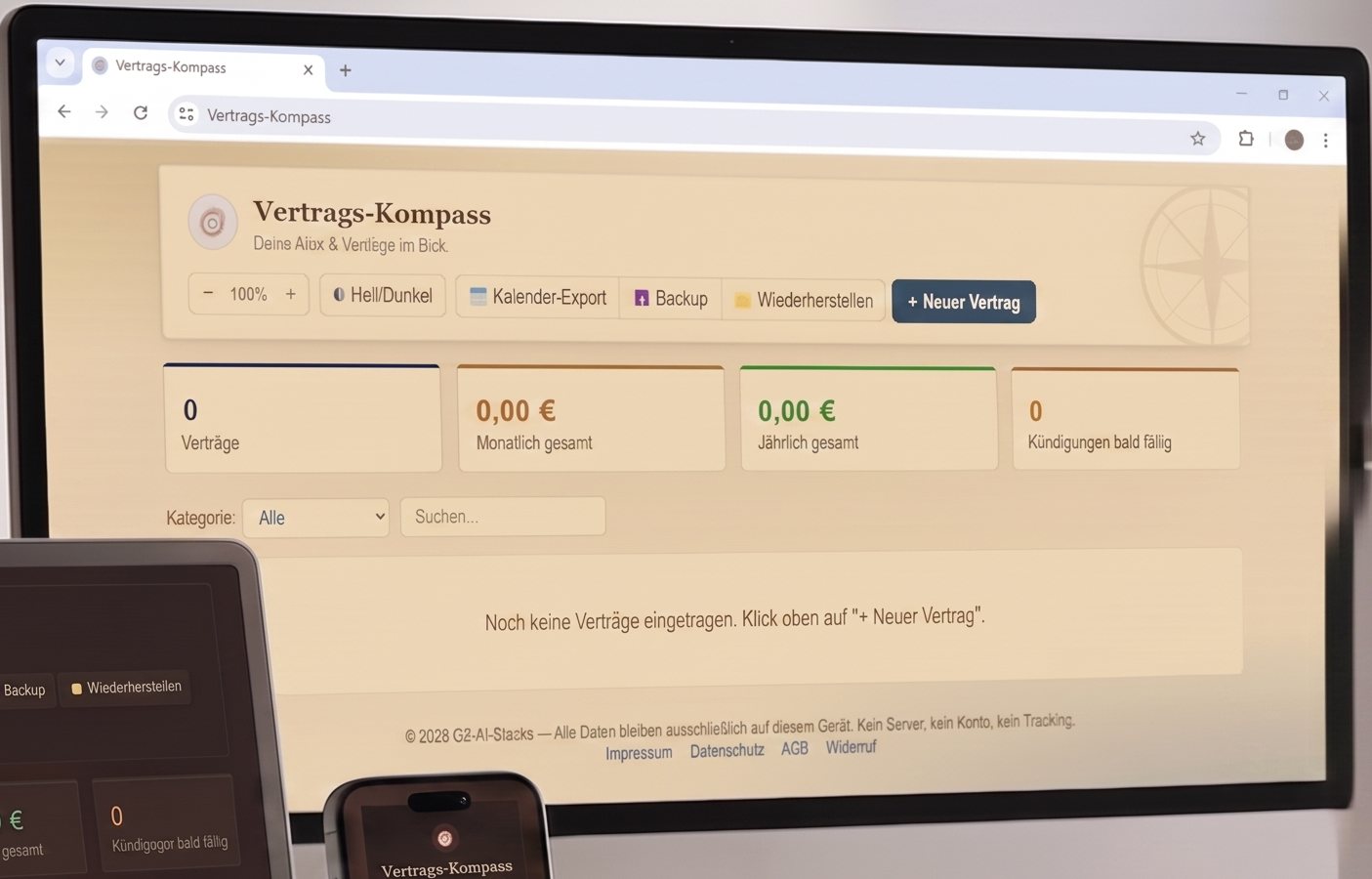 Vertrags-Kompass App auf Desktop, Tablet und Smartphone