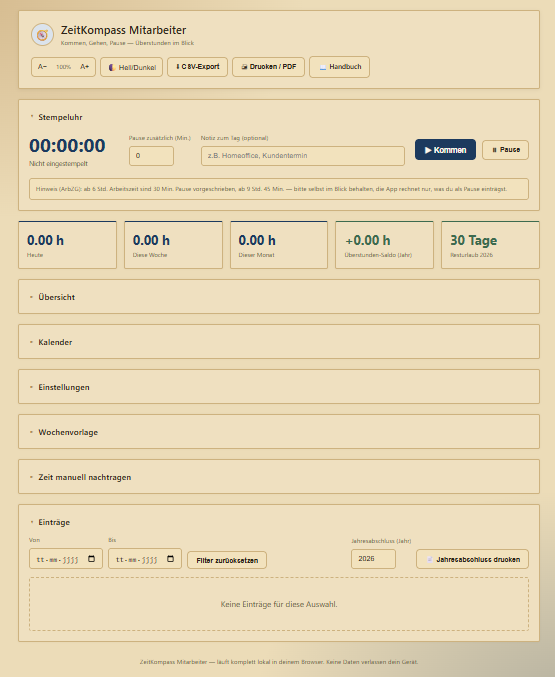 Screenshot von ZeitKompass Mitarbeiter: Stempeluhr, Tages-/Wochen-/Monatsstatistik, Überstunden-Saldo und Resturlaub auf einen Blick