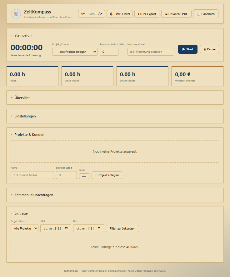 Screenshot von ZeitKompass: Stempeluhr mit Projekt-Auswahl, Tages-/Wochen-/Monatsstatistik und Verdienst pro Monat auf einen Blick